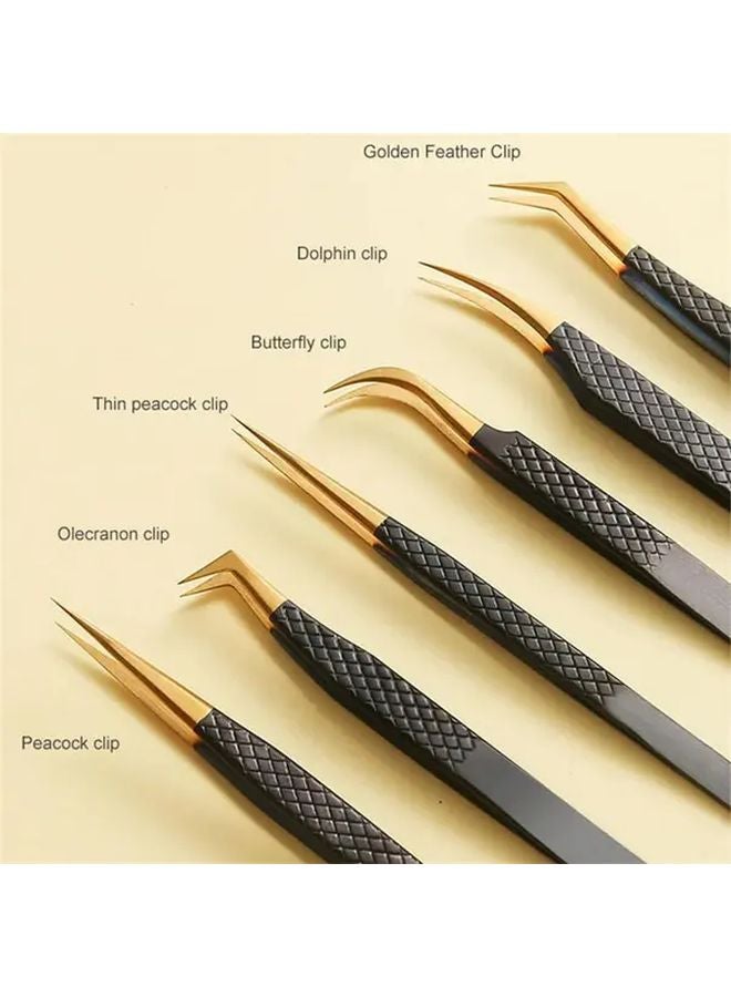 6pcs Black Stainless Steel Eyelash Extension Tweezers Set Anti Slip Grip For False Lashes And Nail Art - Image 2